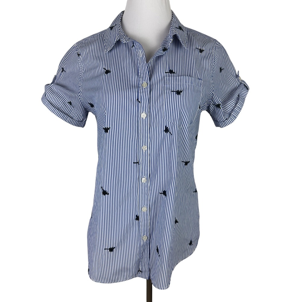 Westport Women's Medium Blue White Striped Palm Tree Button Up Shirt